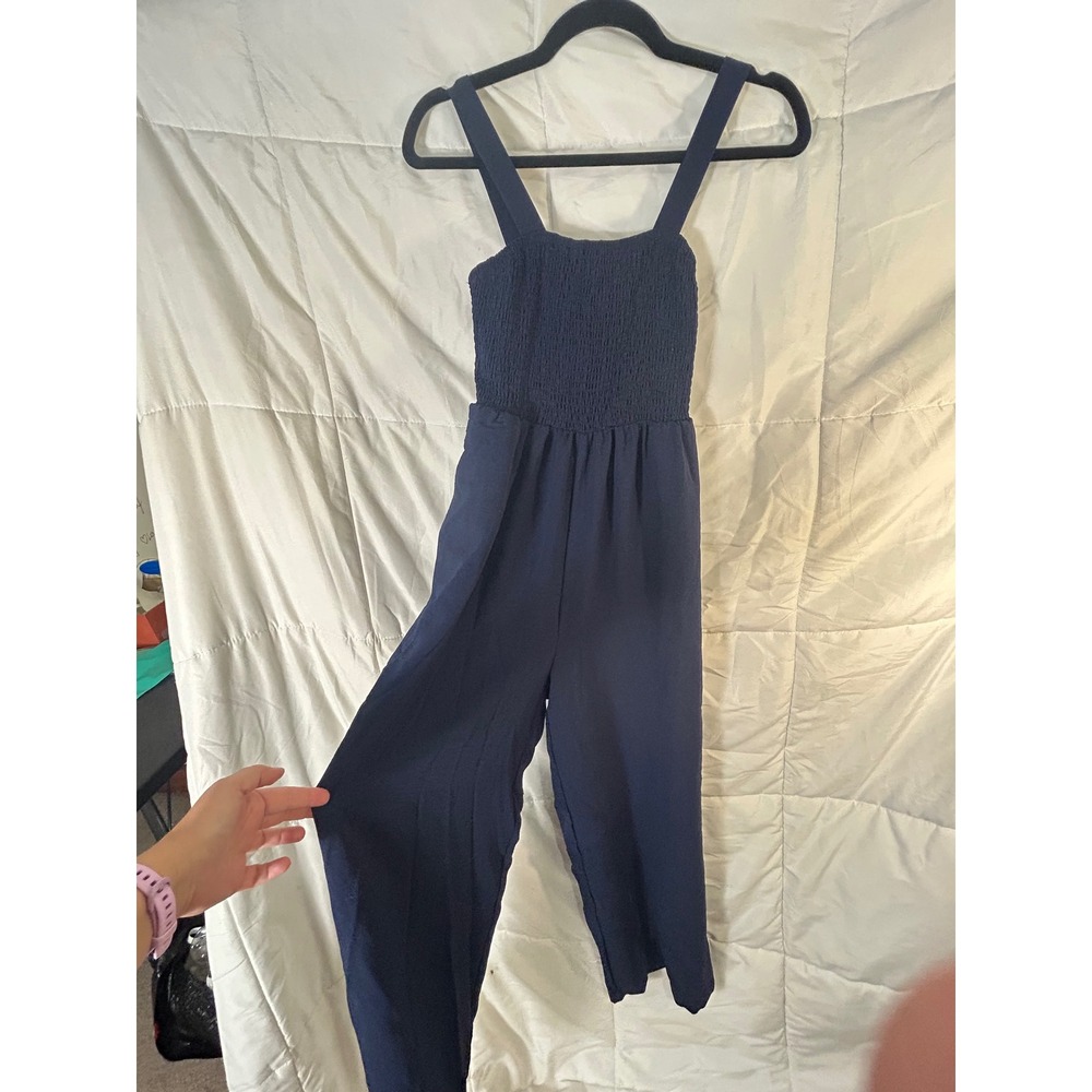 Navy Blue Smocked Square Neck Wide Leg Jumpsuit Cropped Pants